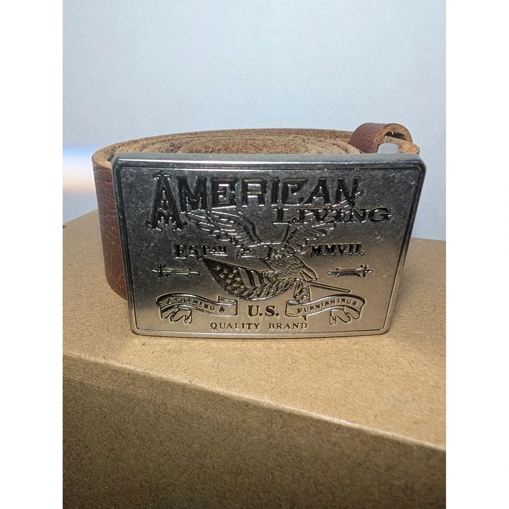 American Living Belt Mens M Brown Good Distressed Leather Eagle Plaque Buckle